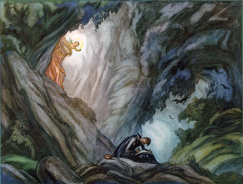 "Ignatius writes the Spiritual Exercises in the cave at Manresa." Painting by Carlos Saenz de Tejada, 1897-1958.