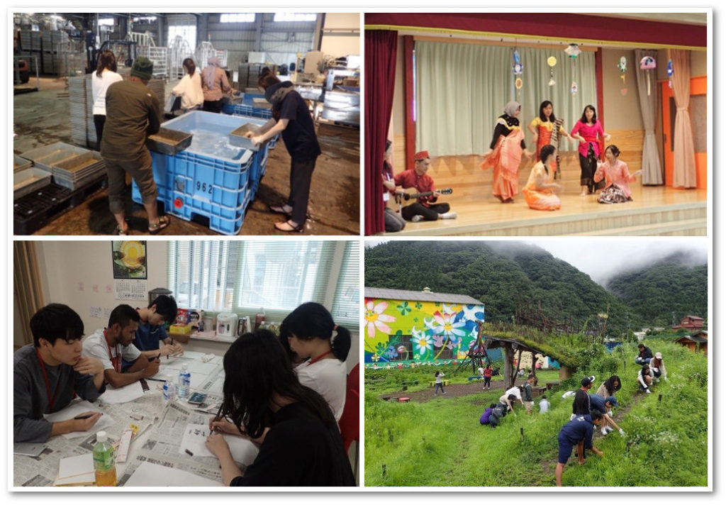 Clockwise from top left: Students cleaning at the Ito Shoten factory; Indonesian, Korean and Filipino students performing a cultural dance at the Unosumai Nursery; learning the Japanese art of origami and calligraphy; weeding at Cosmos Farm