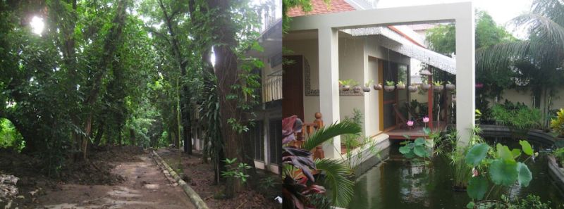 Beautiful area for use by community to enjoy and give gratitude in the mornings for the gift of creation in prayerful silence at LHS, Philippines and garden pool, lotus, and koi at Prieb So.