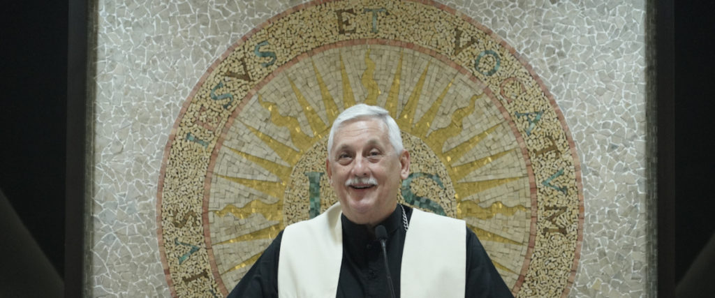 Fr General Arturo Sosa addresses elderly and infirm Jesuits after Mass at the Jesuit Health and Wellness Center in Manila during his visit to the Philippines in December 2018