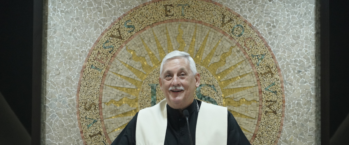 Fr General Arturo Sosa addresses elderly and infirm Jesuits after Mass at the Jesuit Health and Wellness Center in Manila during his visit to the Philippines in December 2018