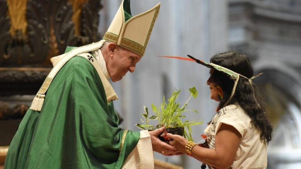 An indigenous woman hands Pope Francis a plant during the closing Mass of the Synod (Vatican Media)