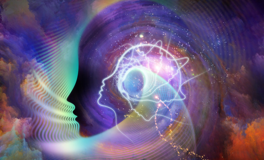 Geometry of the Soul series two. Background design of human profile and abstract elements on the subject of spirituality science creativity and the mind