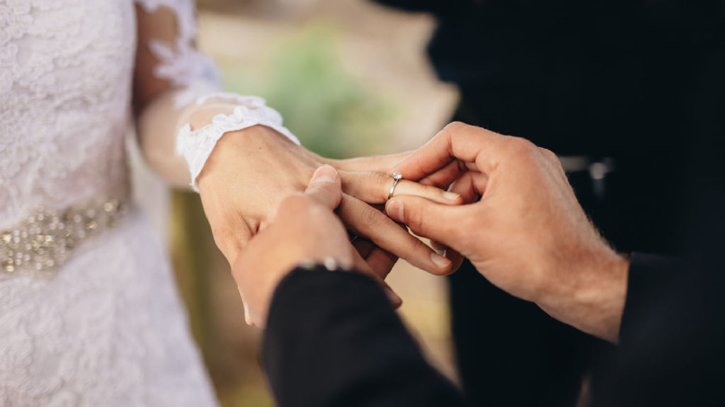 Couple exchanging wedding rings