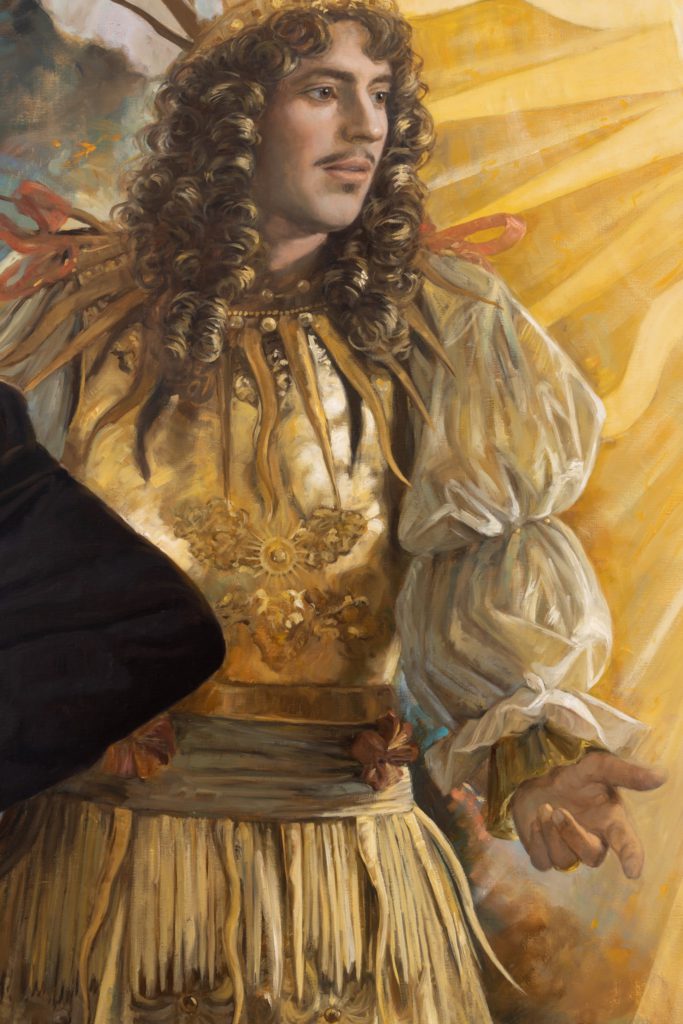 舞蹈：法王路易十四（King Louis XIV）身著彼耶．博尚（Pierre Beauchamp）所設計的衣服，腳上踩著舞步。博尚與耶穌會士有密切的關係，他曾教過路易十四跳舞。路易十四受教於耶穌會士，他的聽告解司鐸也是耶穌會士。他過世的時候，其心臟被安置於耶穌會的一個聖堂內。