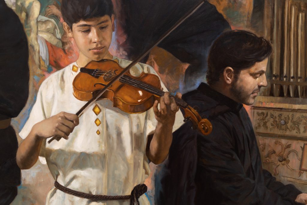音樂：多梅尼科．齊波利（Domenico Zipoli）是耶穌會會士，也是一位音樂大師，其主要的任務是在羅馬的耶穌聖名堂（Chiesa del Gesù）擔任管風琴手，也曾在南美洲透過音樂給當地原住民傳教。在這幅畫作裡，他在一架小型的風琴上彈奏，這類的風琴可在玻利維亞奇基托斯（Chiquitos）耶穌會的傳教區找到它的蹤影。在齊波利身旁，一位原住民孩童正在學習拉小提琴。