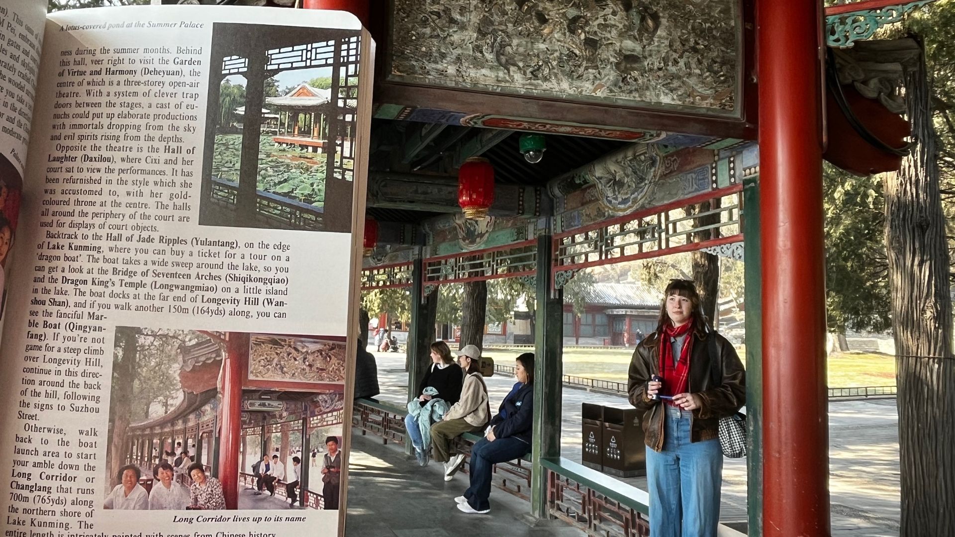 On the left, Ruby's mother's 1990s Beijing travel guide, with Ruby standing in the same spot today