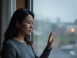 亞洲中年女性,憂鬱,雨天,窗外,看