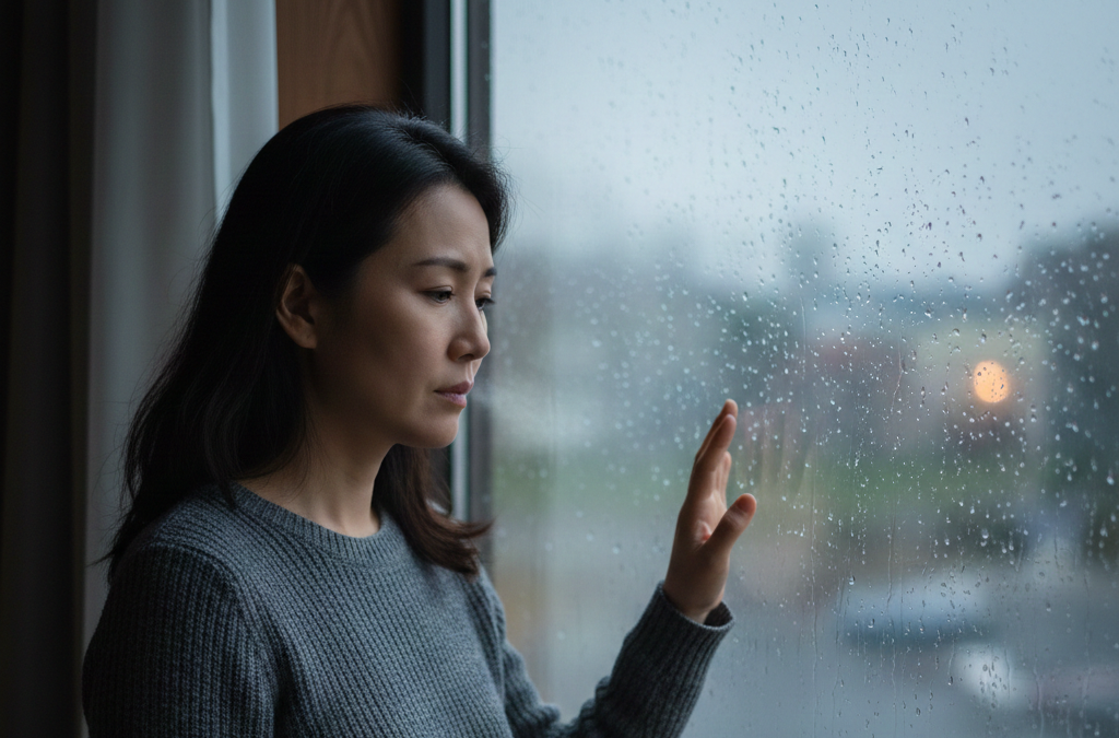亞洲中年女性,憂鬱,雨天,窗外,看